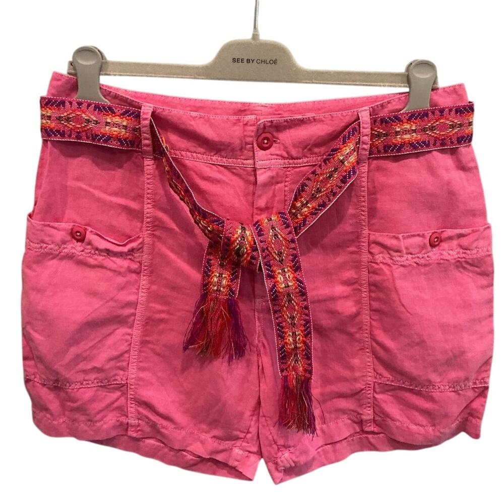NEW Sundance Womens Linen Cargo Shorts Patterned Belt Pink S Beachy Resort Boho